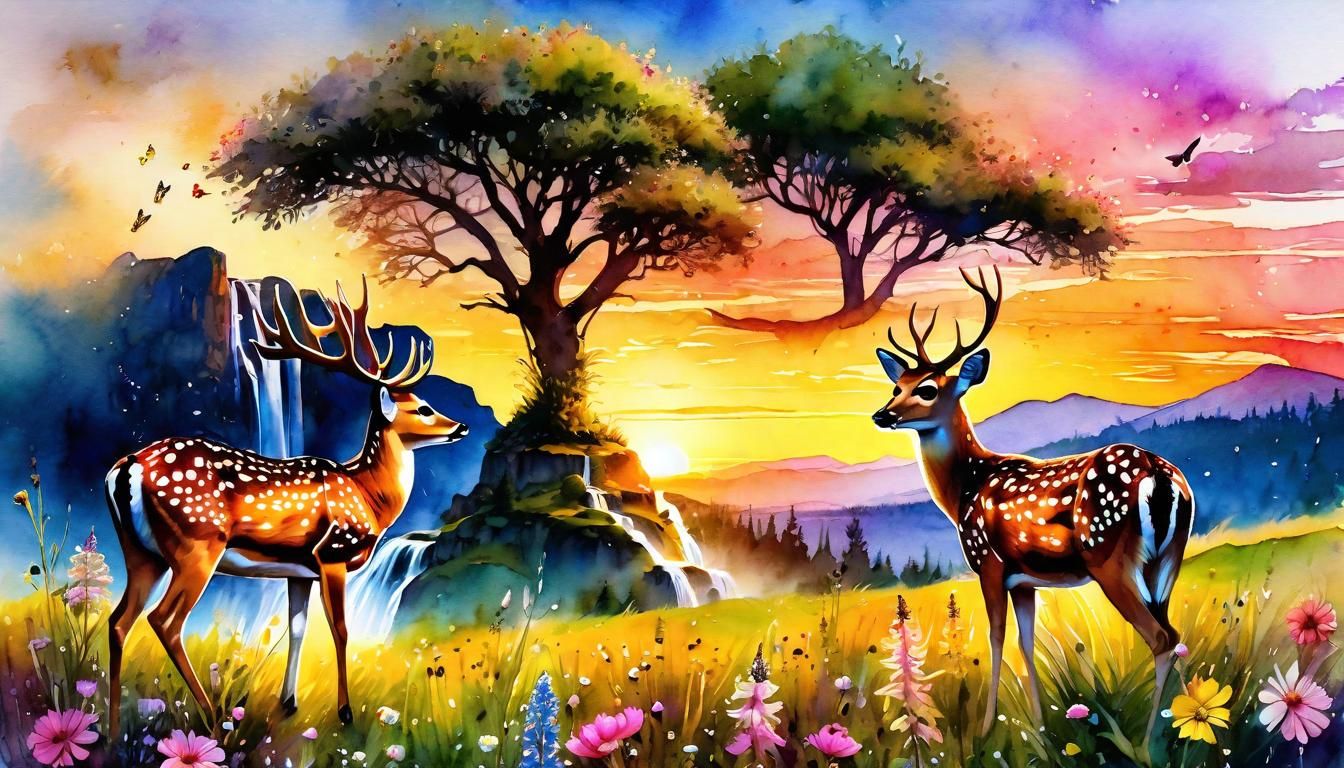 Watercolor Deer in Meadow at Sunset