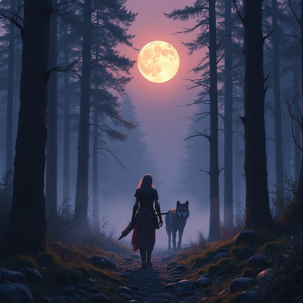 Ethereal Viking Warrior Emerges from Dark Forest Under Full ...