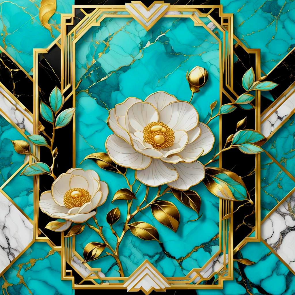 Elegant Camellias with Gold Art Deco Frame