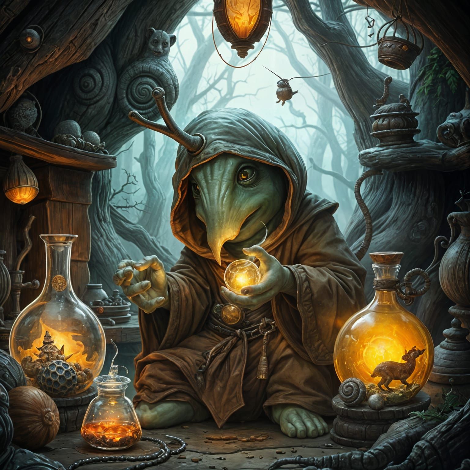 Snail Alchemist Ponders Potion in Fantasy Shack