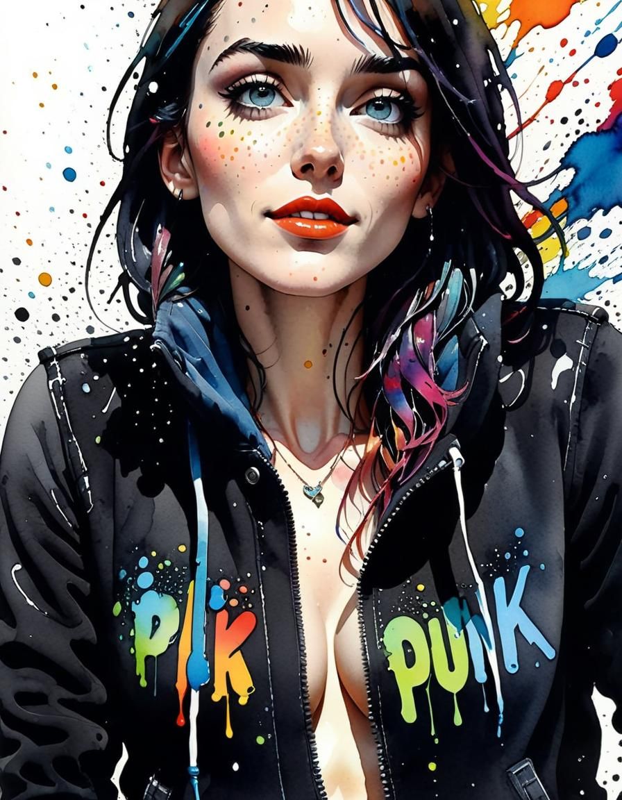 Punk Woman Portrait in Watercolor with Colorful Details