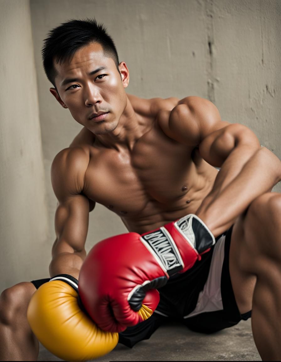 Muscular Asian Boxer with Gloves