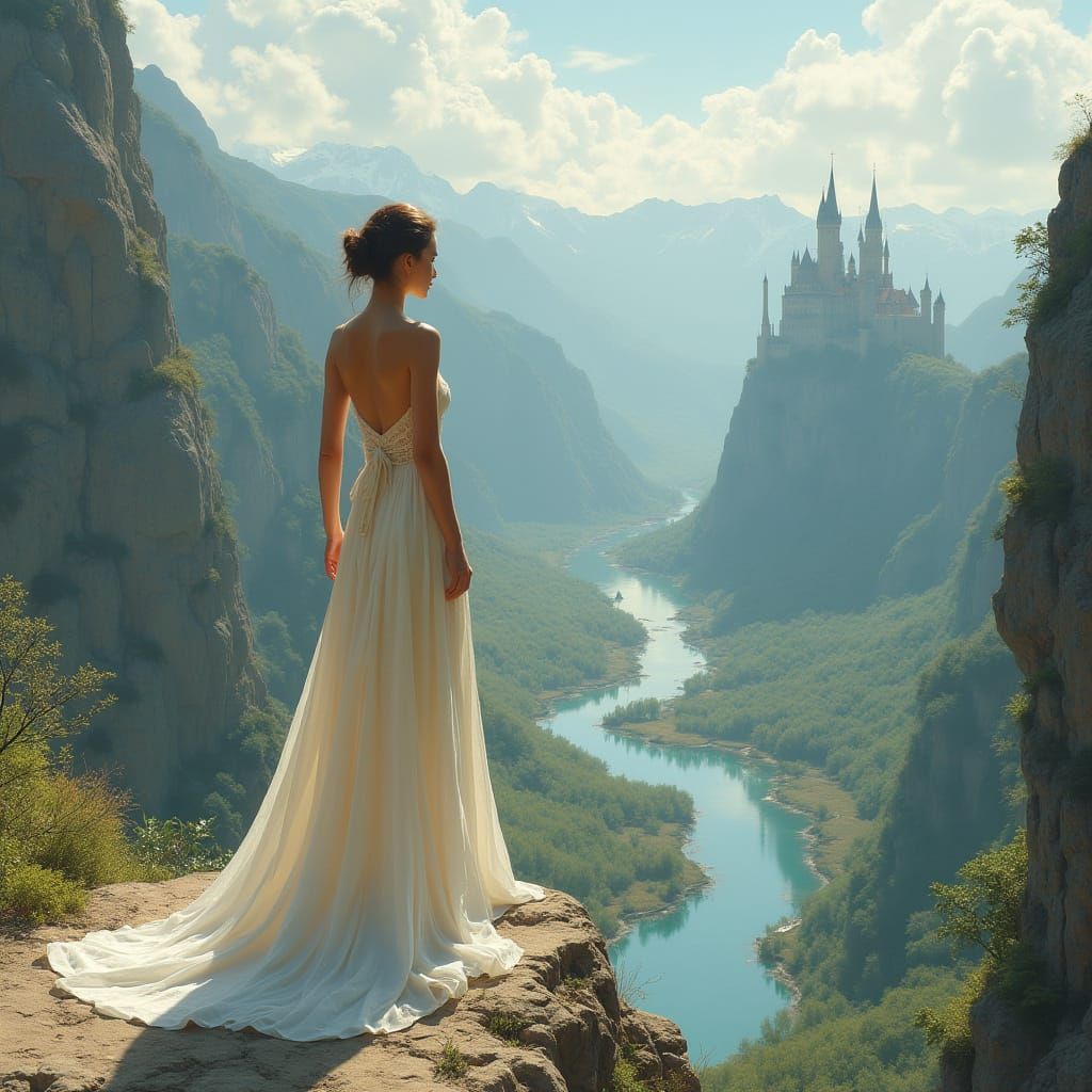 Woman Overlooking Valley in Ethereal Style