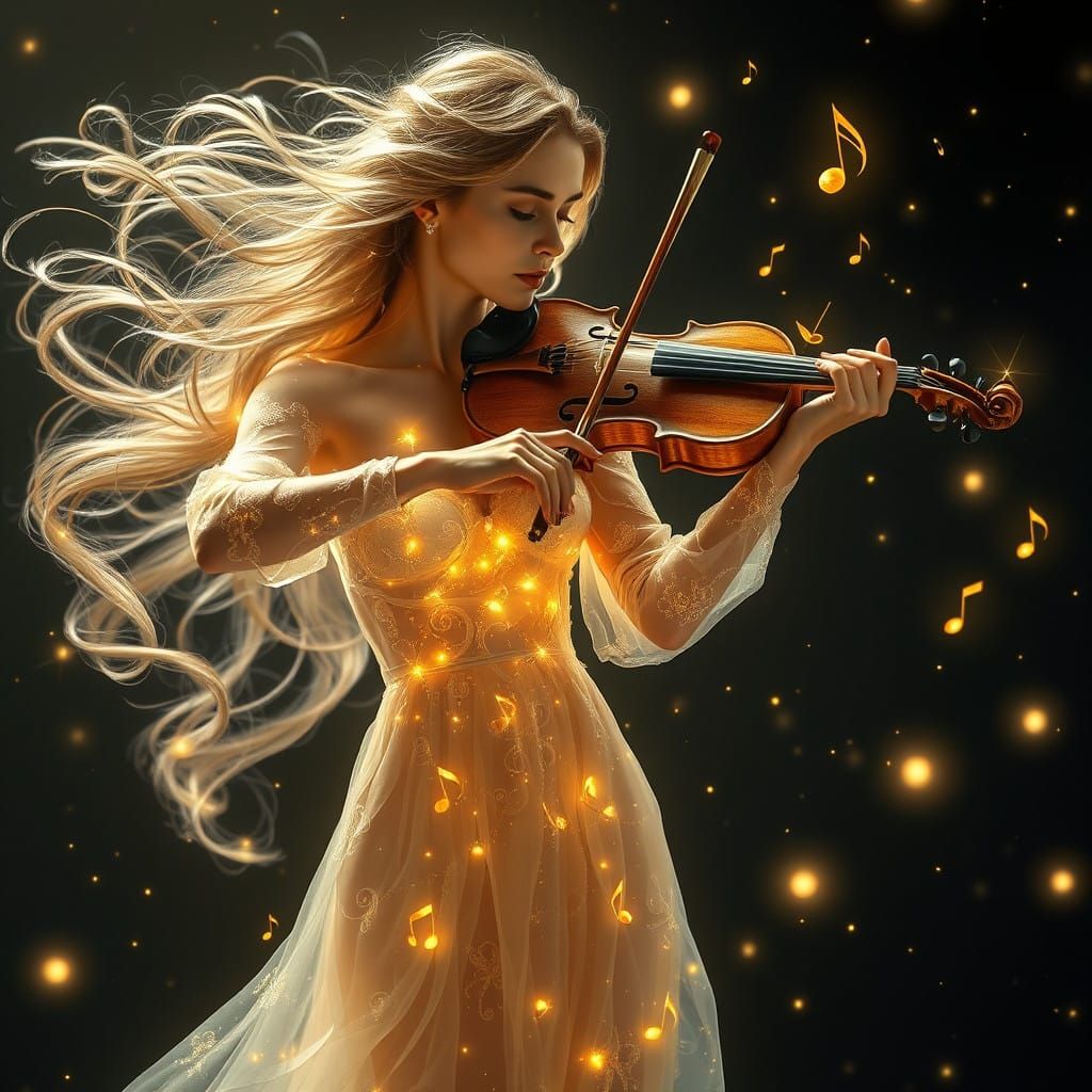 Surreal Fantasy Woman Plays Luminous Violin Amidst Cosmic At...