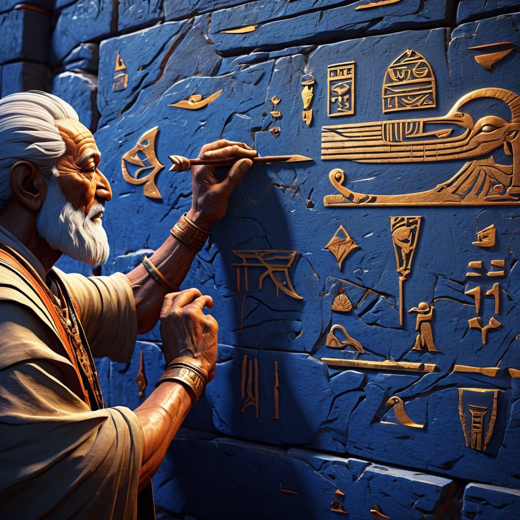 Ancient Egyptian Mystic Carves Luminous Hieroglyphs
