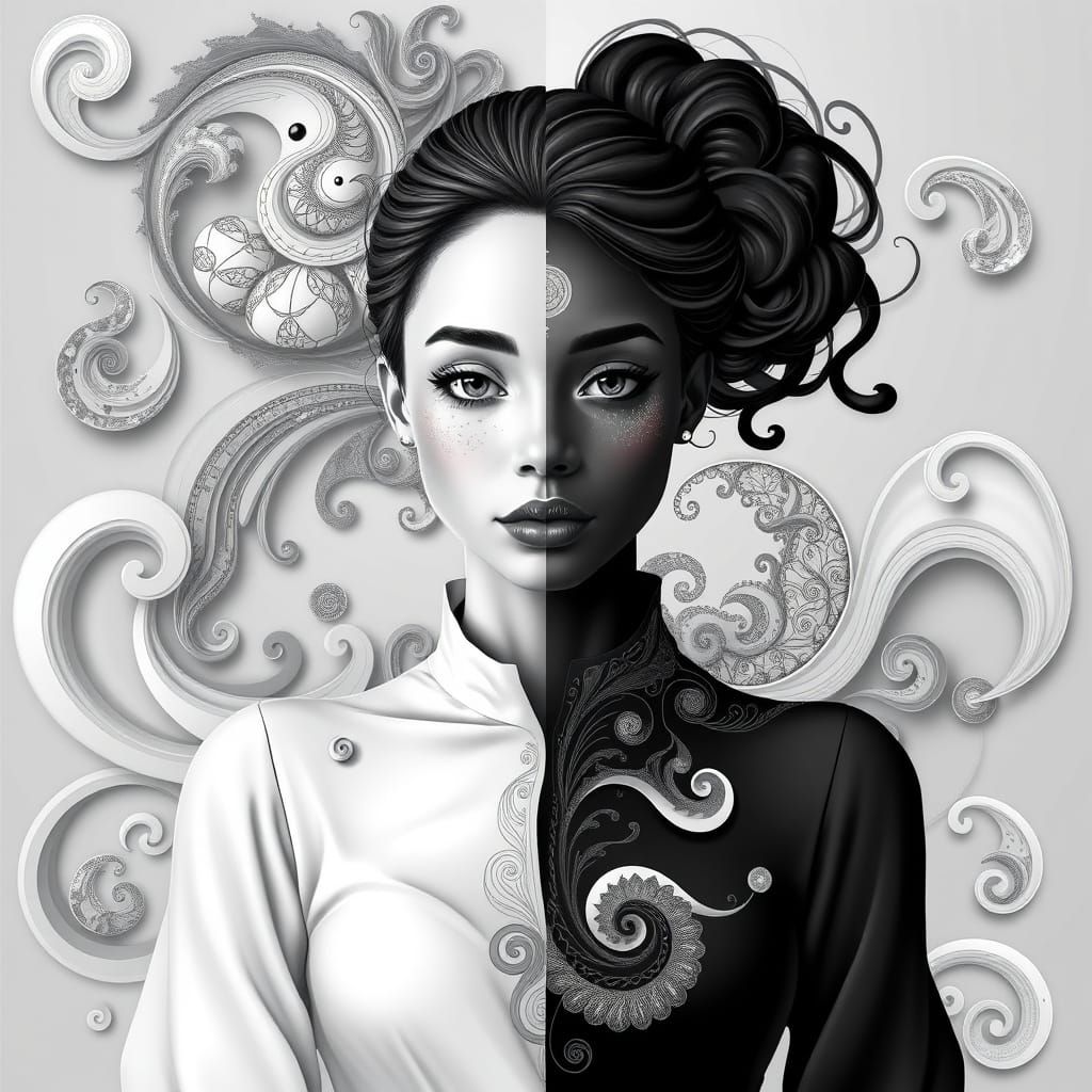 Biracial Woman Portrait with Abstract Vector Elements