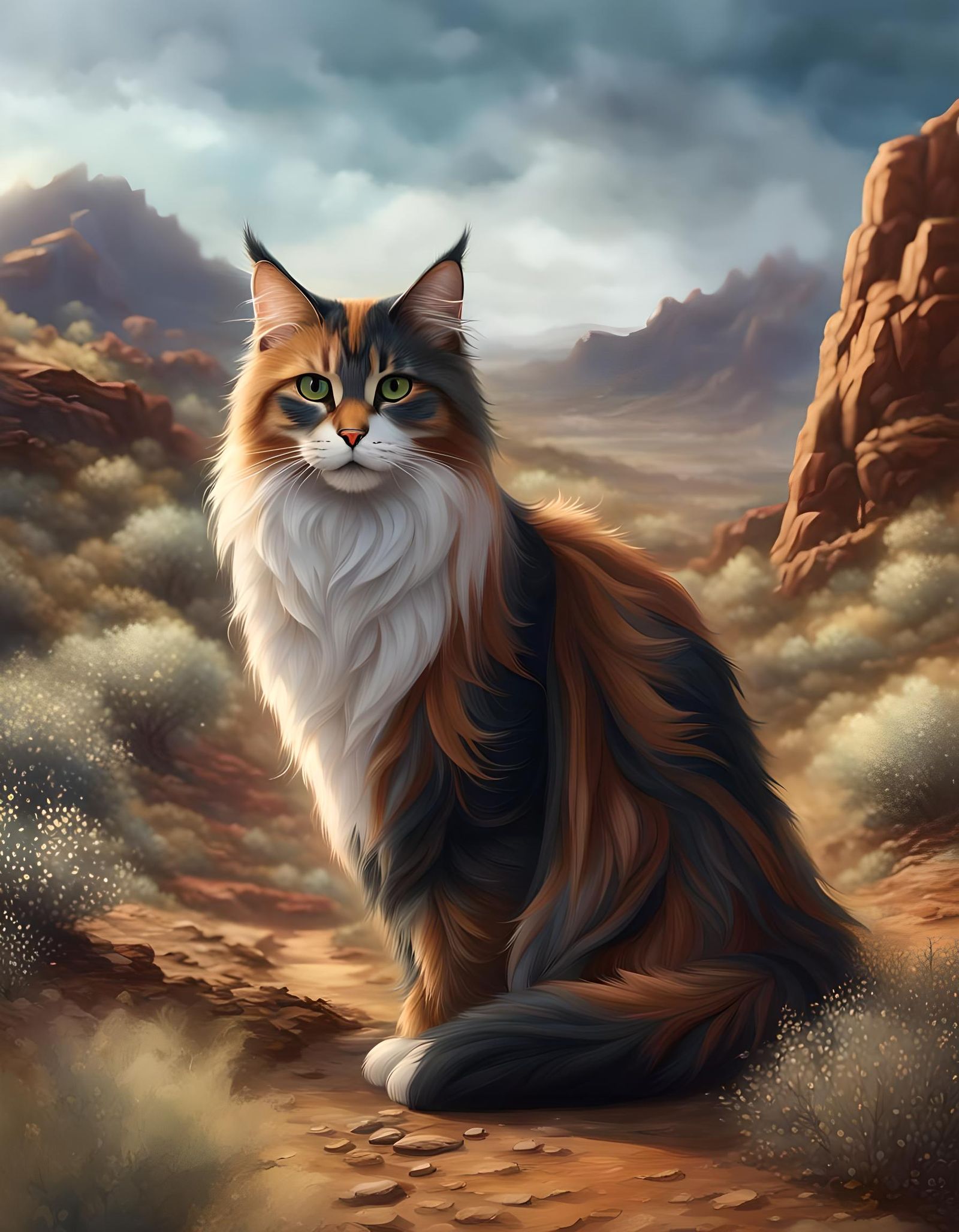 Calico Cat on Desert Path: Fantasy Concept Art