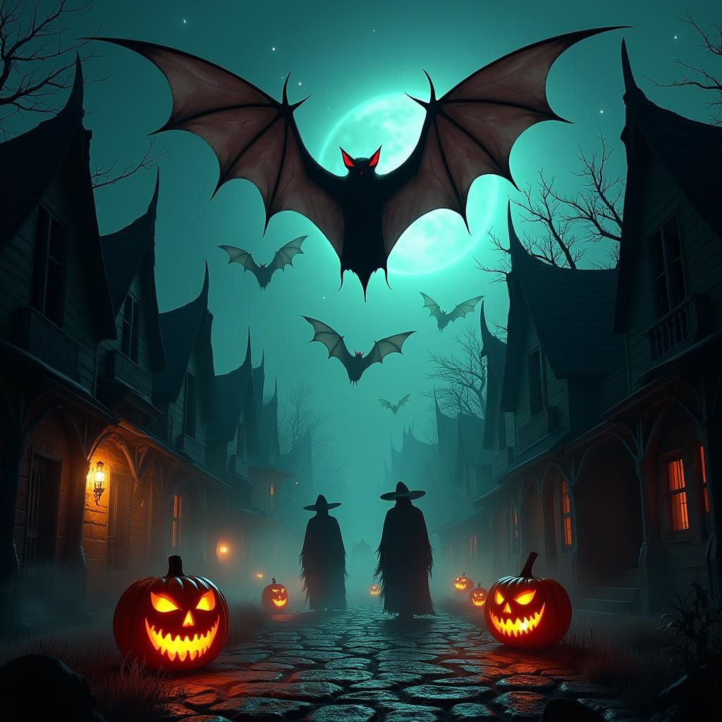 Ethereal Bats and Haunted Houses in Fantasy Landscape
