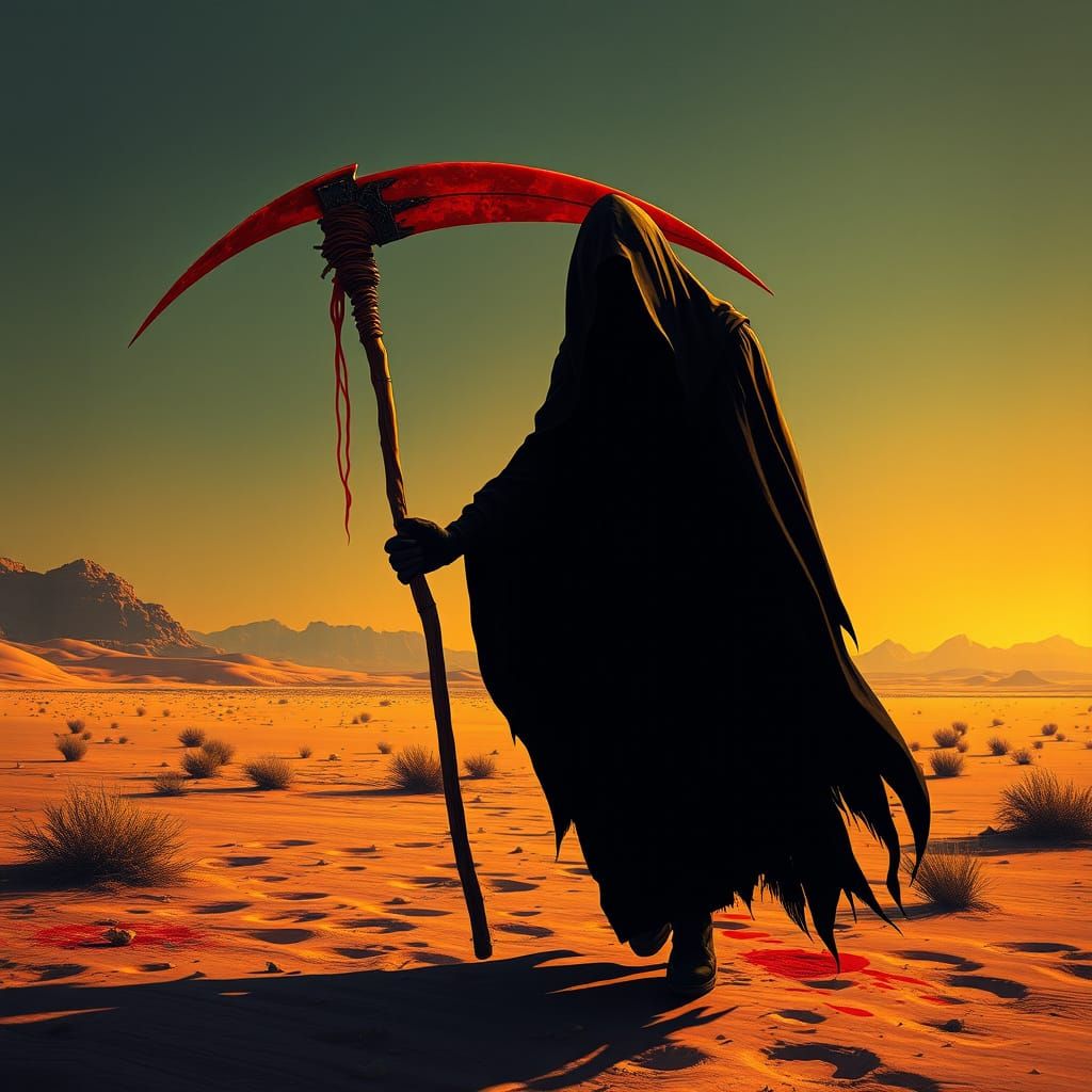 Grim Reaper in Desert Landscape, Dark Art