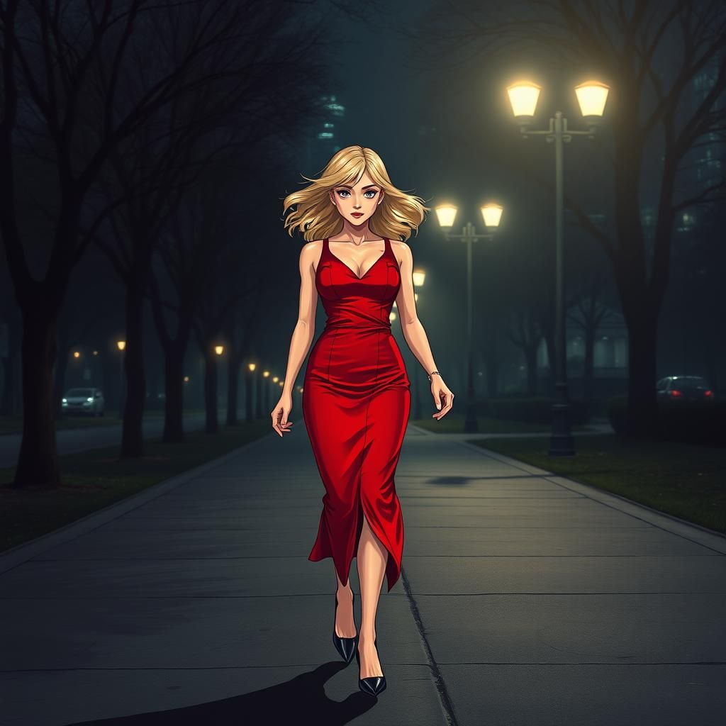 Blonde Woman in Red Dress in Manga Style