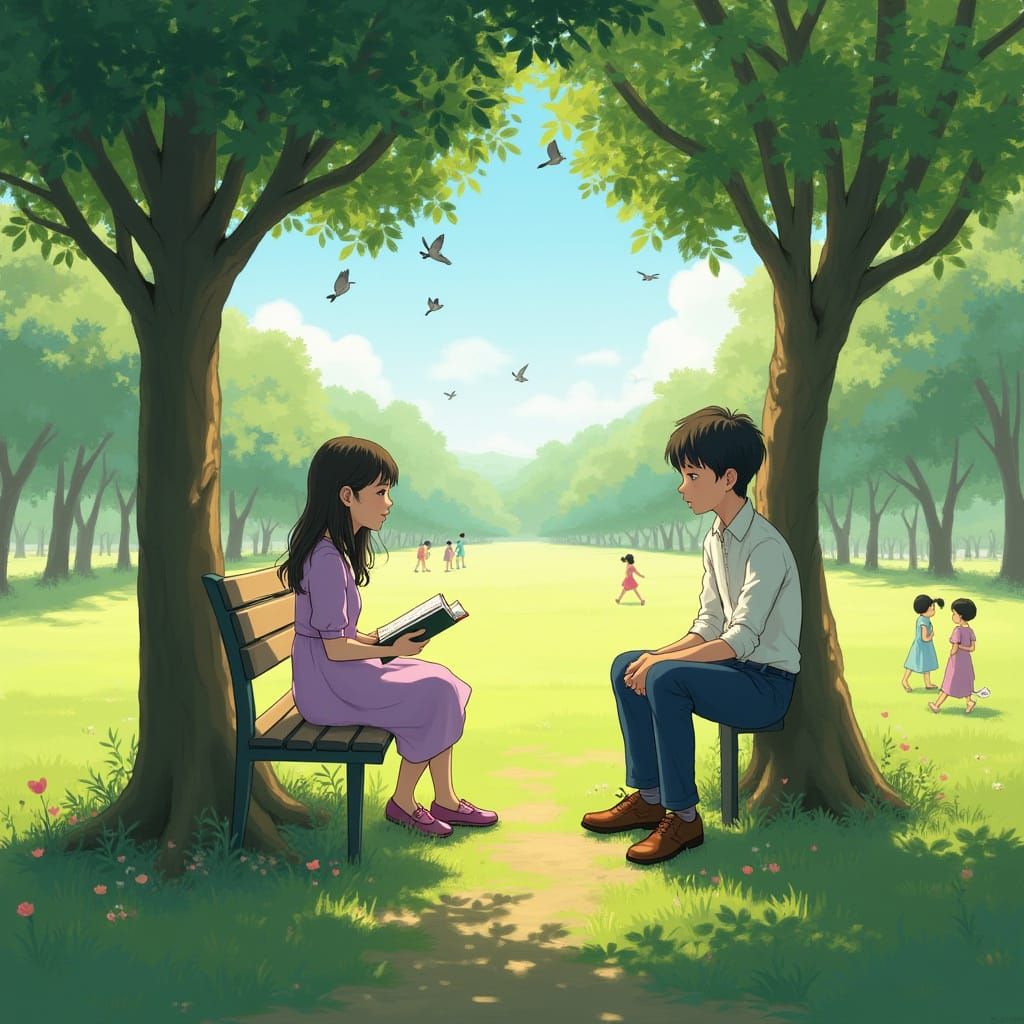 Girl Reading in Park, Anime-Inspired Art Style