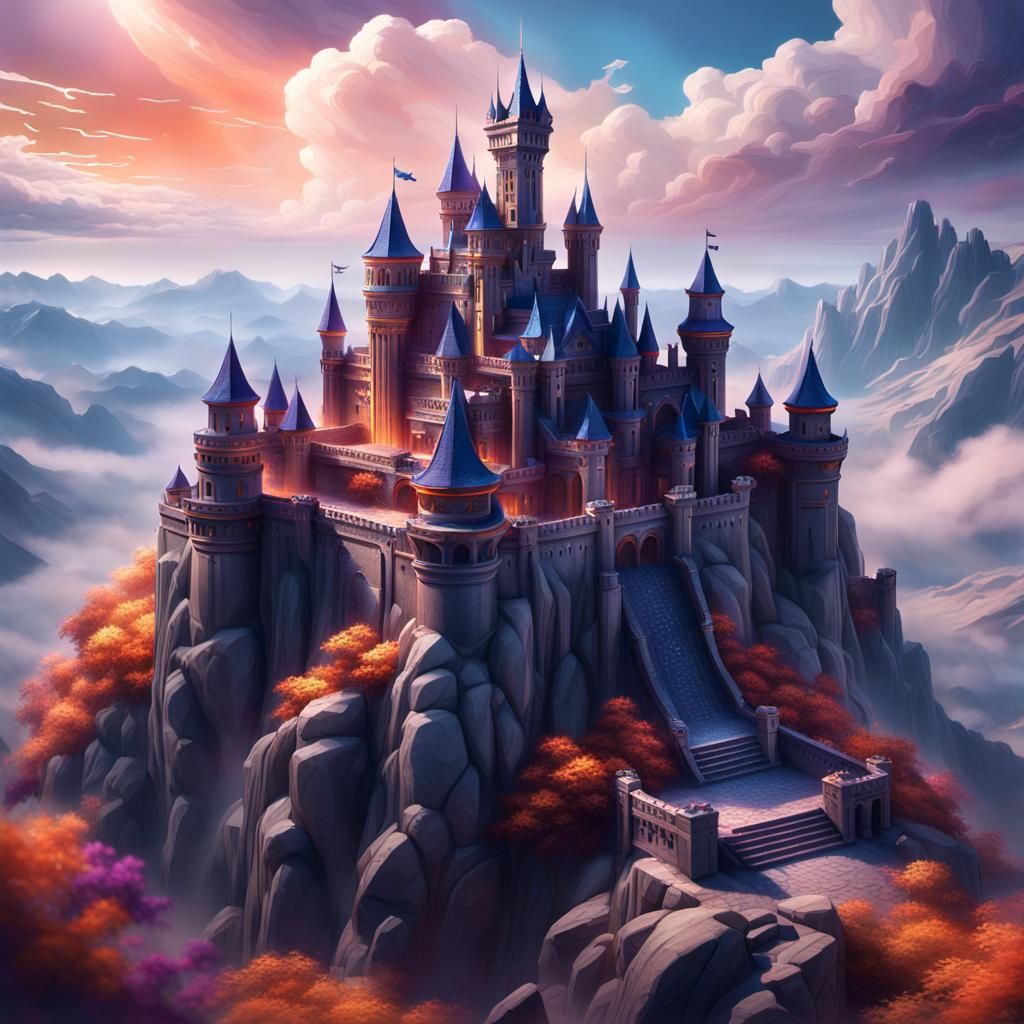 Mystical Castle on Mountain Peak: Fantasy Concept Art