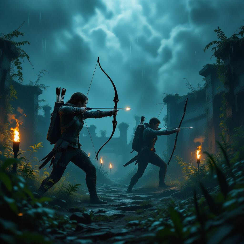 Dystopian Maze Escape with Bow and Spear