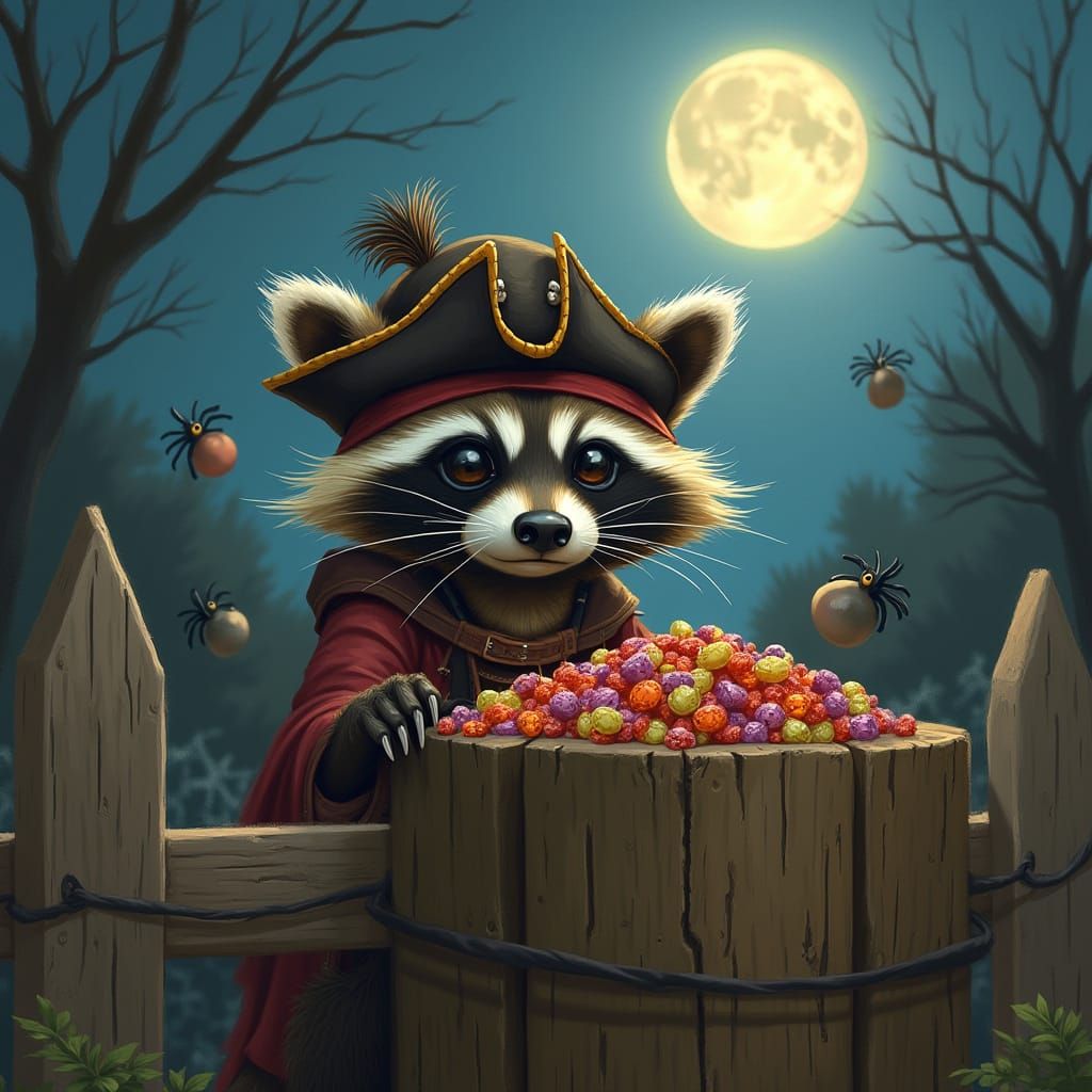 Mischievous Raccoon Pirate in Moonlit Backyard