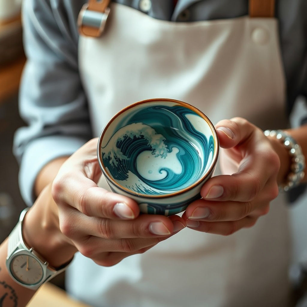 Barista's Hands Hold Ceramic Cup with Turquoise Wave Pattern