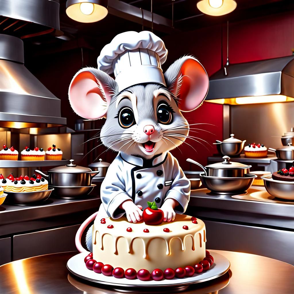 Adorable Chef Mouse Decorating Cake in Restaurant