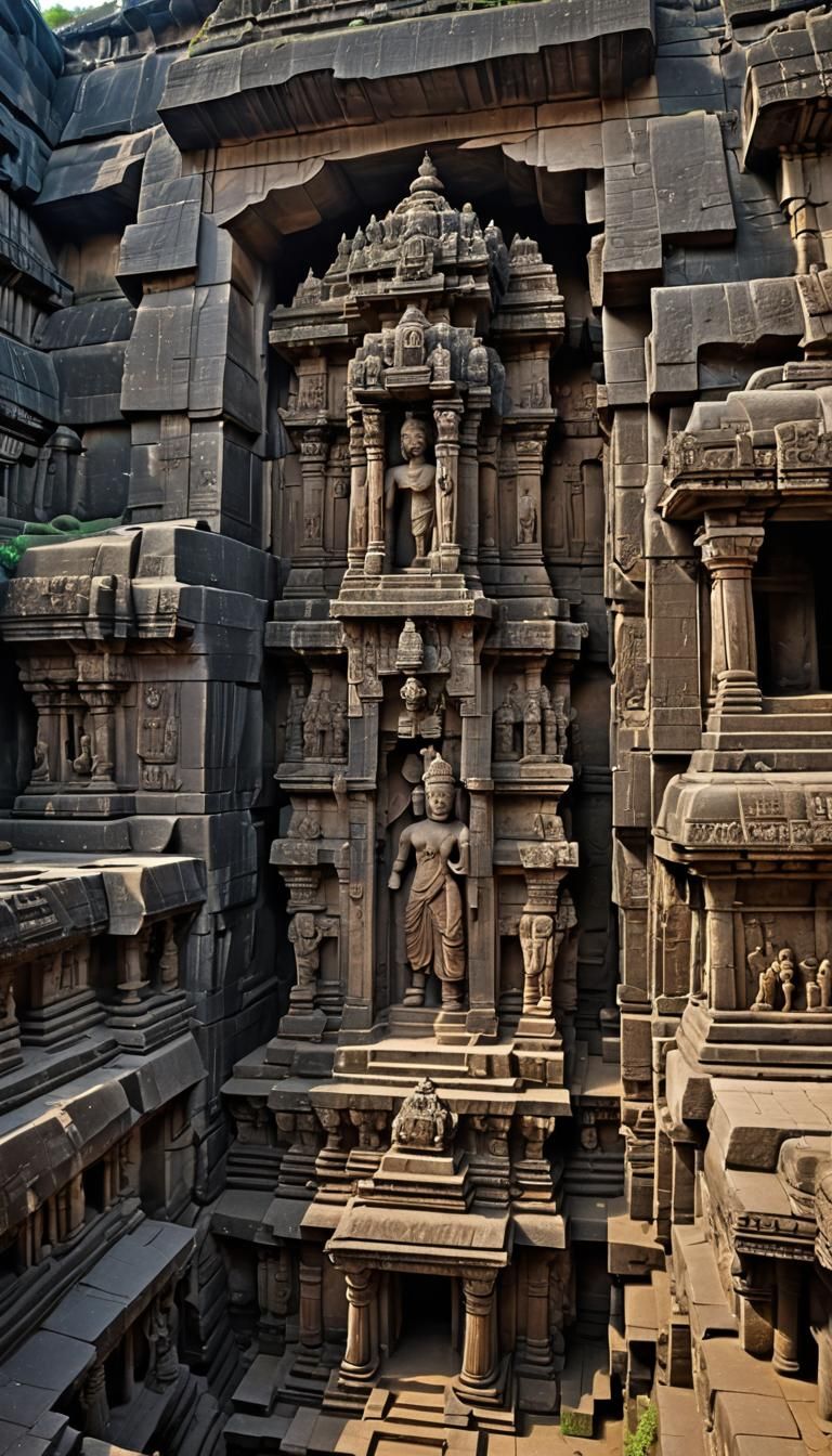 The Kailasa temple in the Ellora Caves, Maharashtra, India is a megalith carved out of one single rock and it is conside...