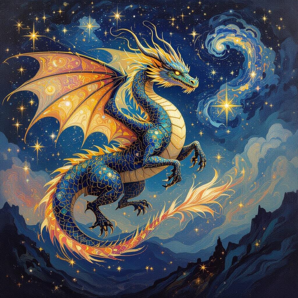 Celestial Dragon Dancing Among Stars in Cosmic Impressionism