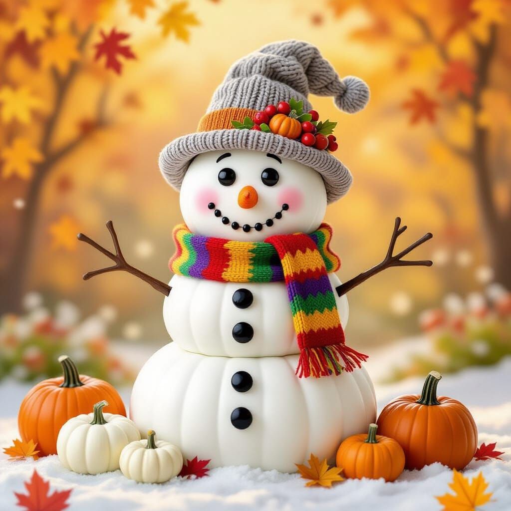 Autumn Pumpkin Snowman in Storybook Style