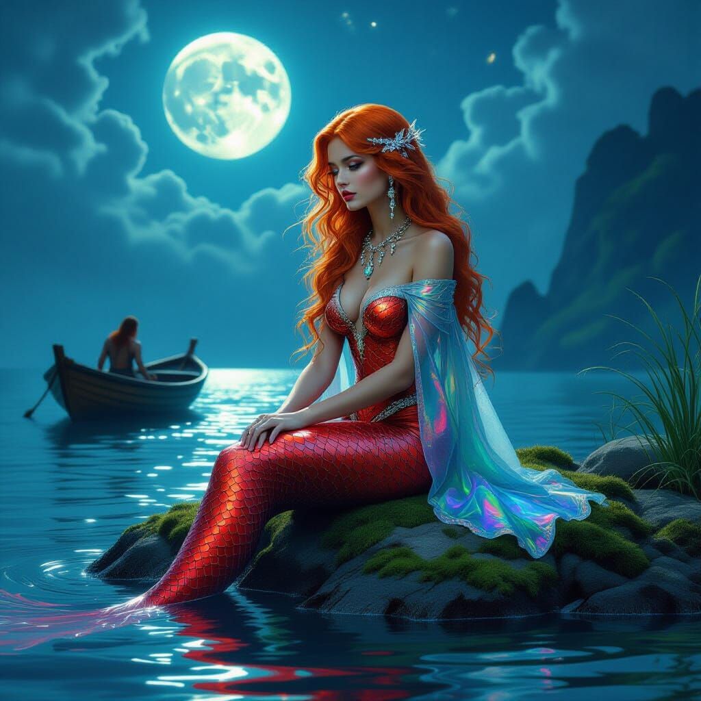 Cyber Mermaid in Moonlit Sea, Digital Art