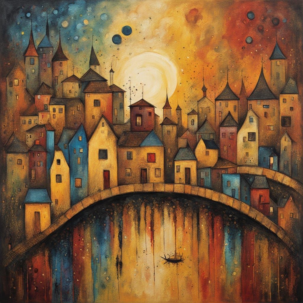 Dreamlike Cityscape in Whimsical Folk Art Style