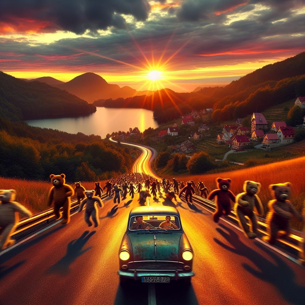 Hyperrealistic Used Car Speeds Past Dancing Teddy Bears