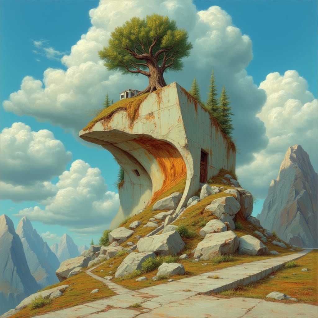 Petrified Tree Fused with Brutalist Concrete, Oil Painting