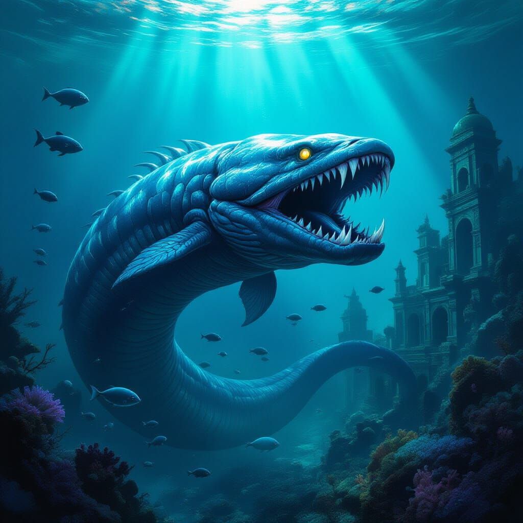 Bioluminescent Eel Coils Around Ancient City in Dark Fantasy...