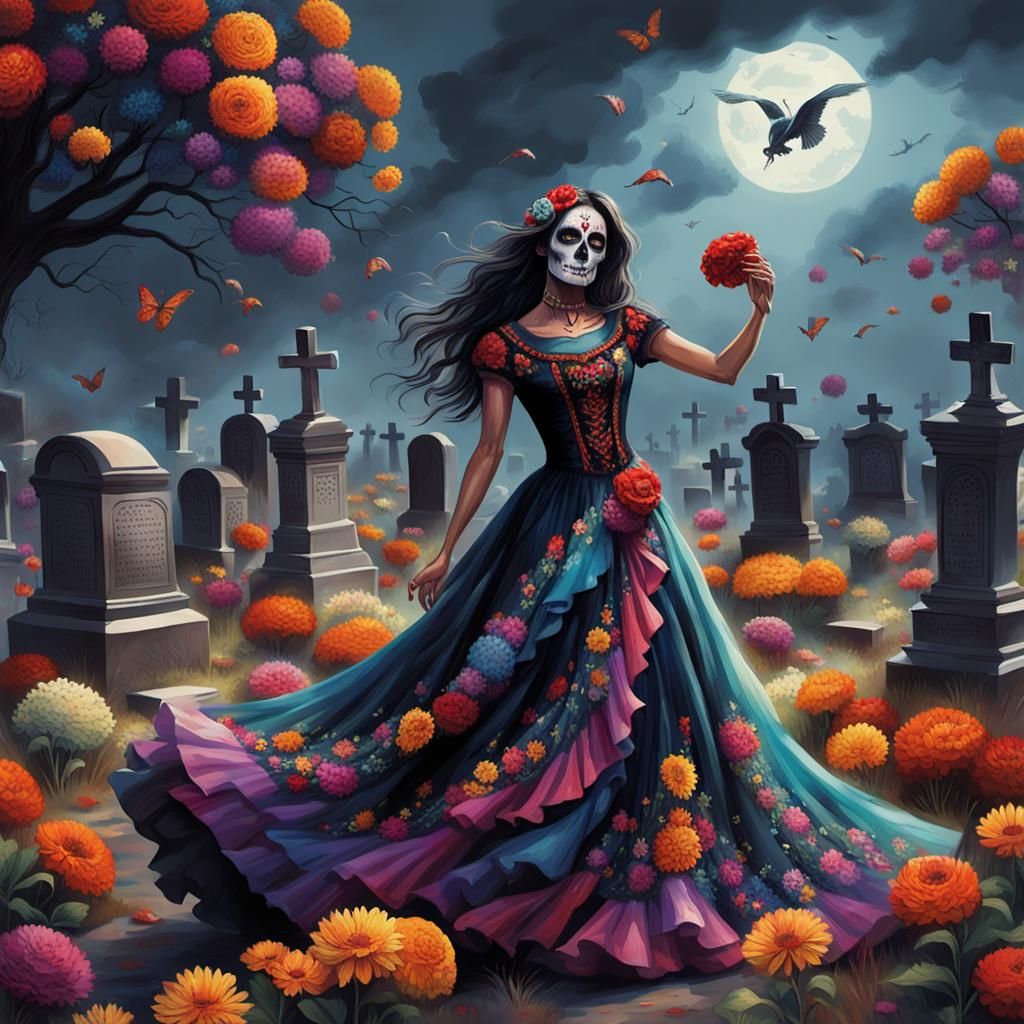 Katrina Dances in Cemetery with Colorful Dress