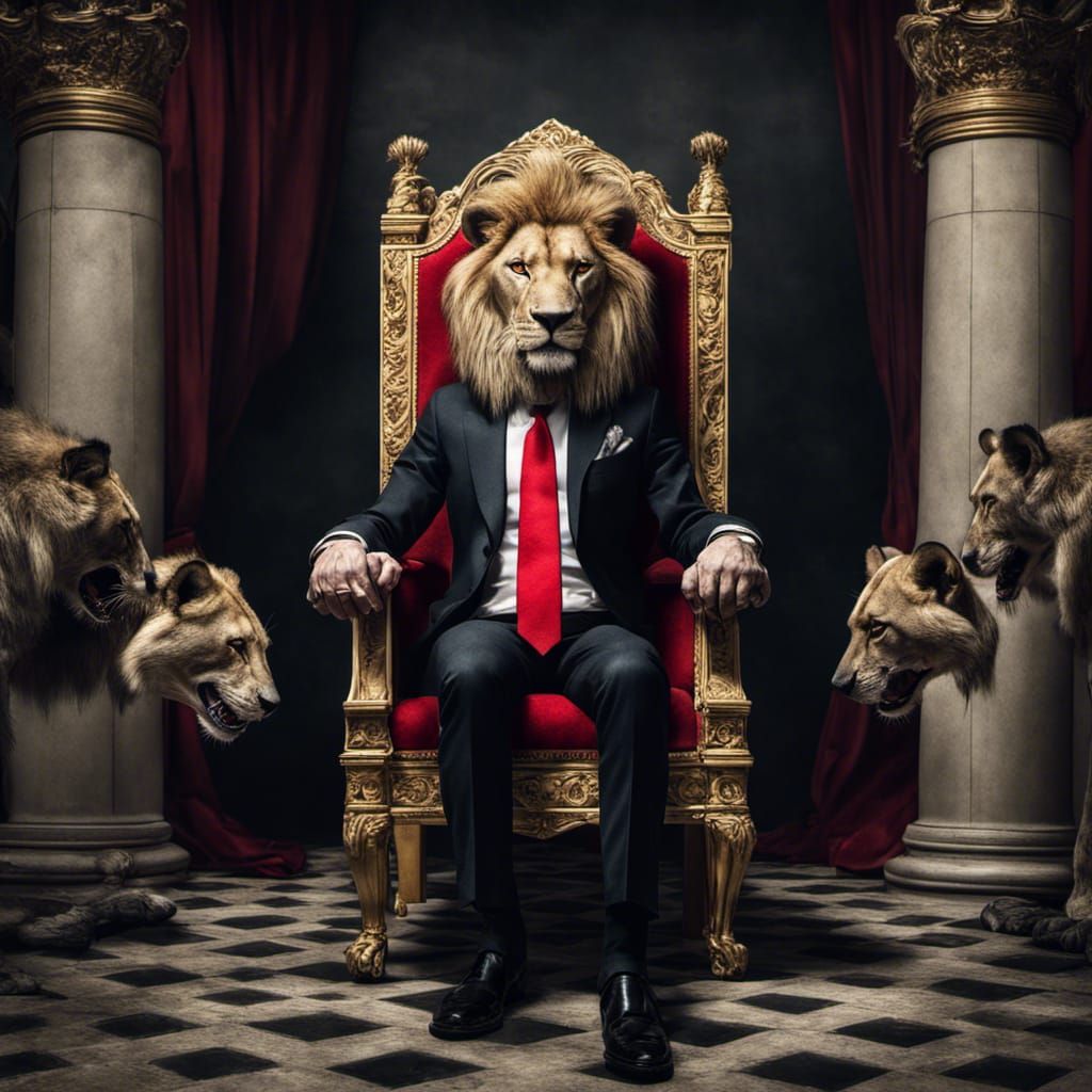 Lion King in Black Suit on Throne