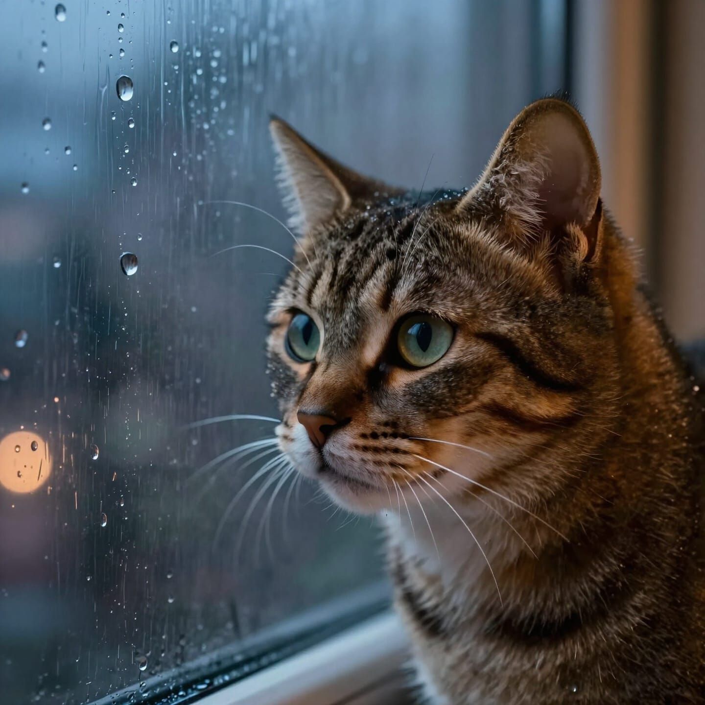 Tabby Cat Watches Thunderstorm Through Rainy Window