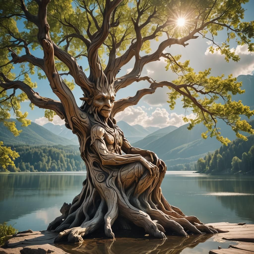 Wooden Tree Ent Sculpture with Lake