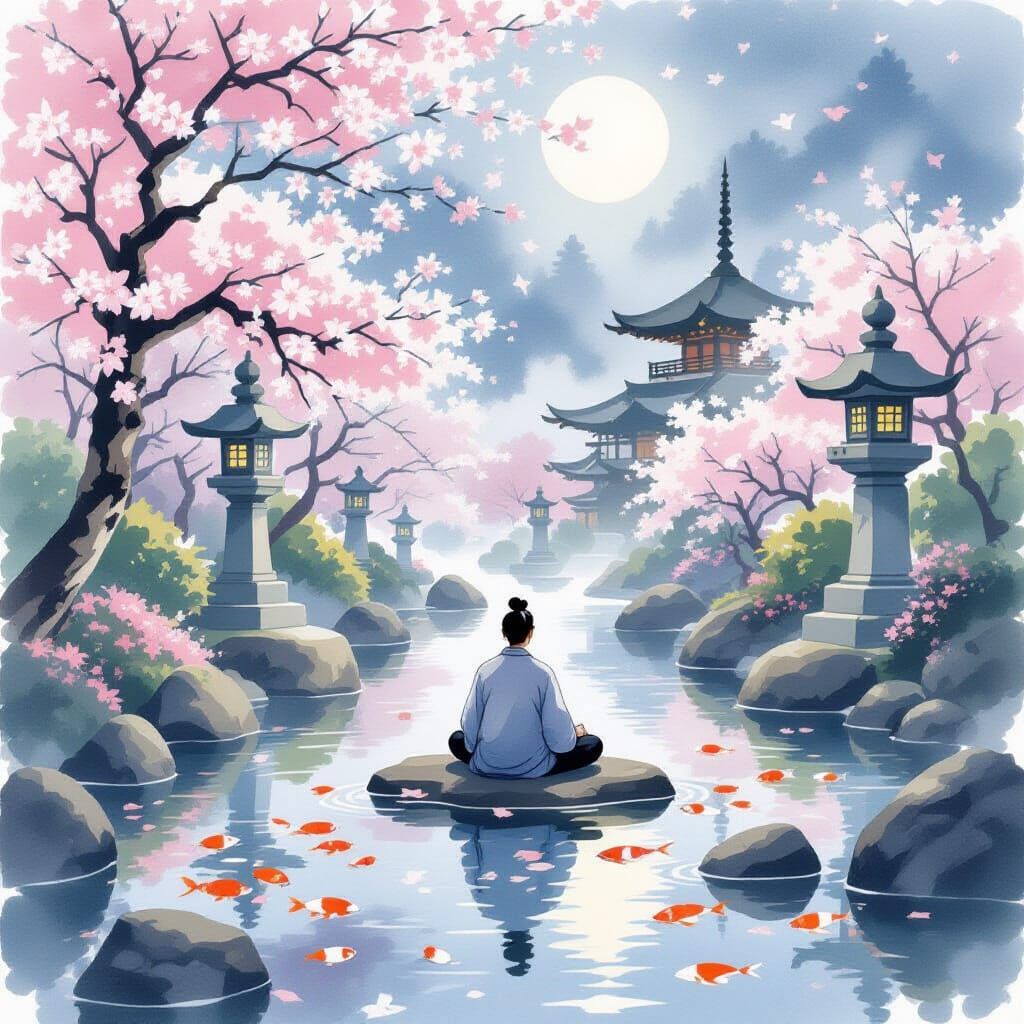 Scholar Meditating in Japanese Garden Watercolor