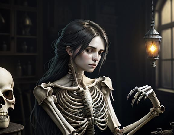 Furry Skeleton Cleans Bones: Dark Fantasy Digital Art