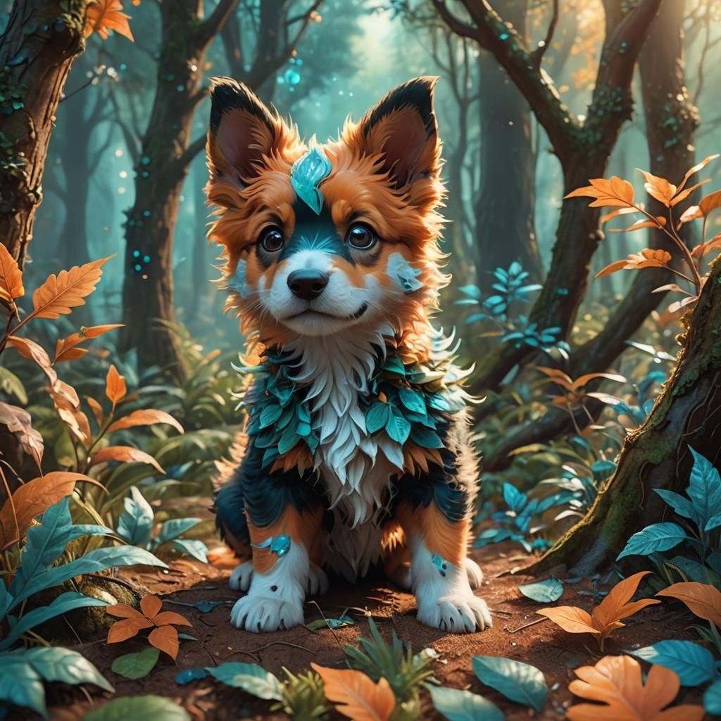 Shar Pei Puppy in Fantasy Forest, Digital Art