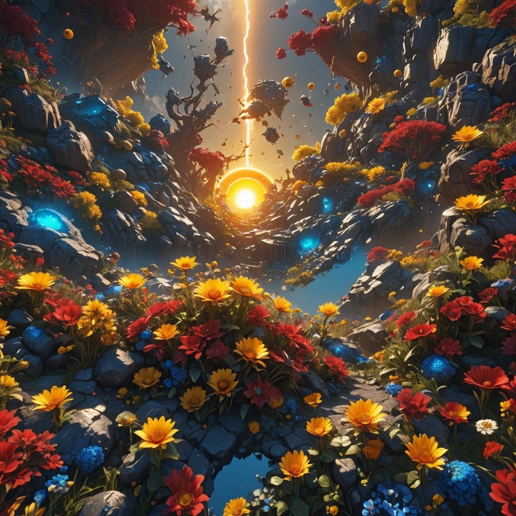 Metallic Sun in Red, Blue, and Yellow: 8K Render