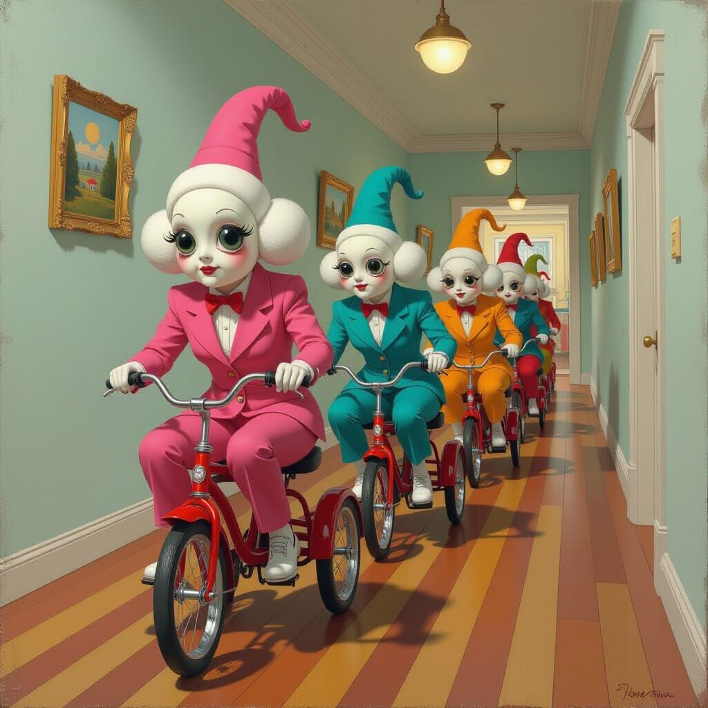 Adults Racing Tricycles in Surreal Style