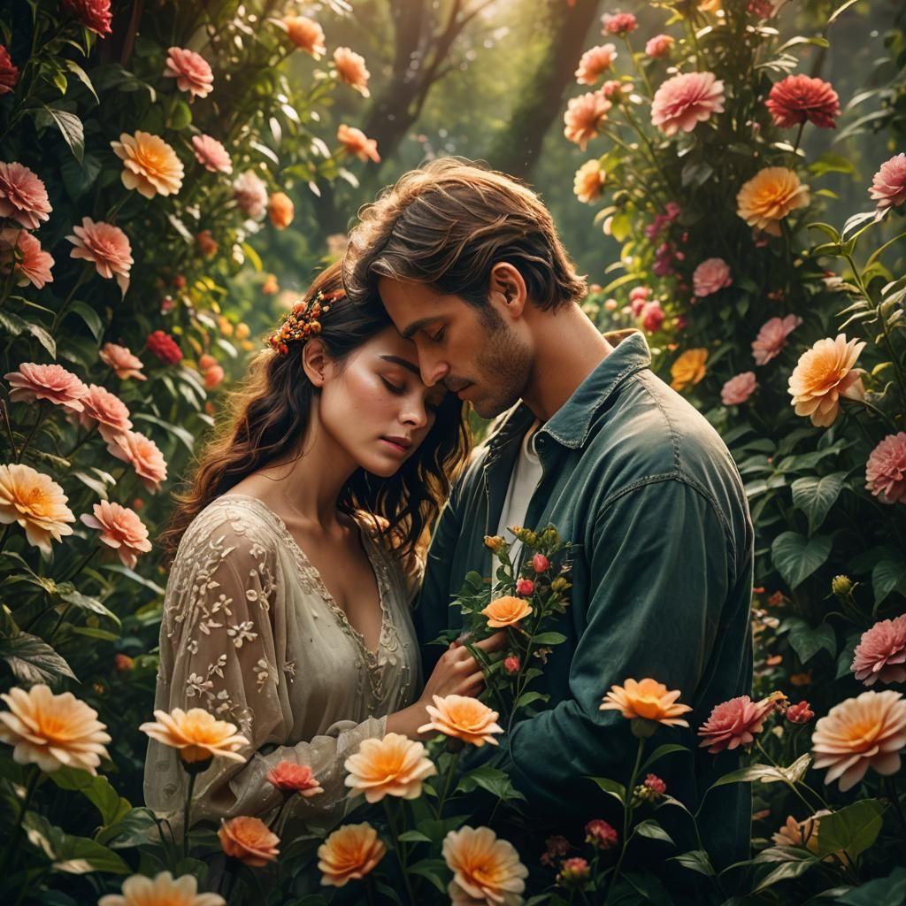 Gentle Embrace Amidst Lush Greenery in Hyperrealism