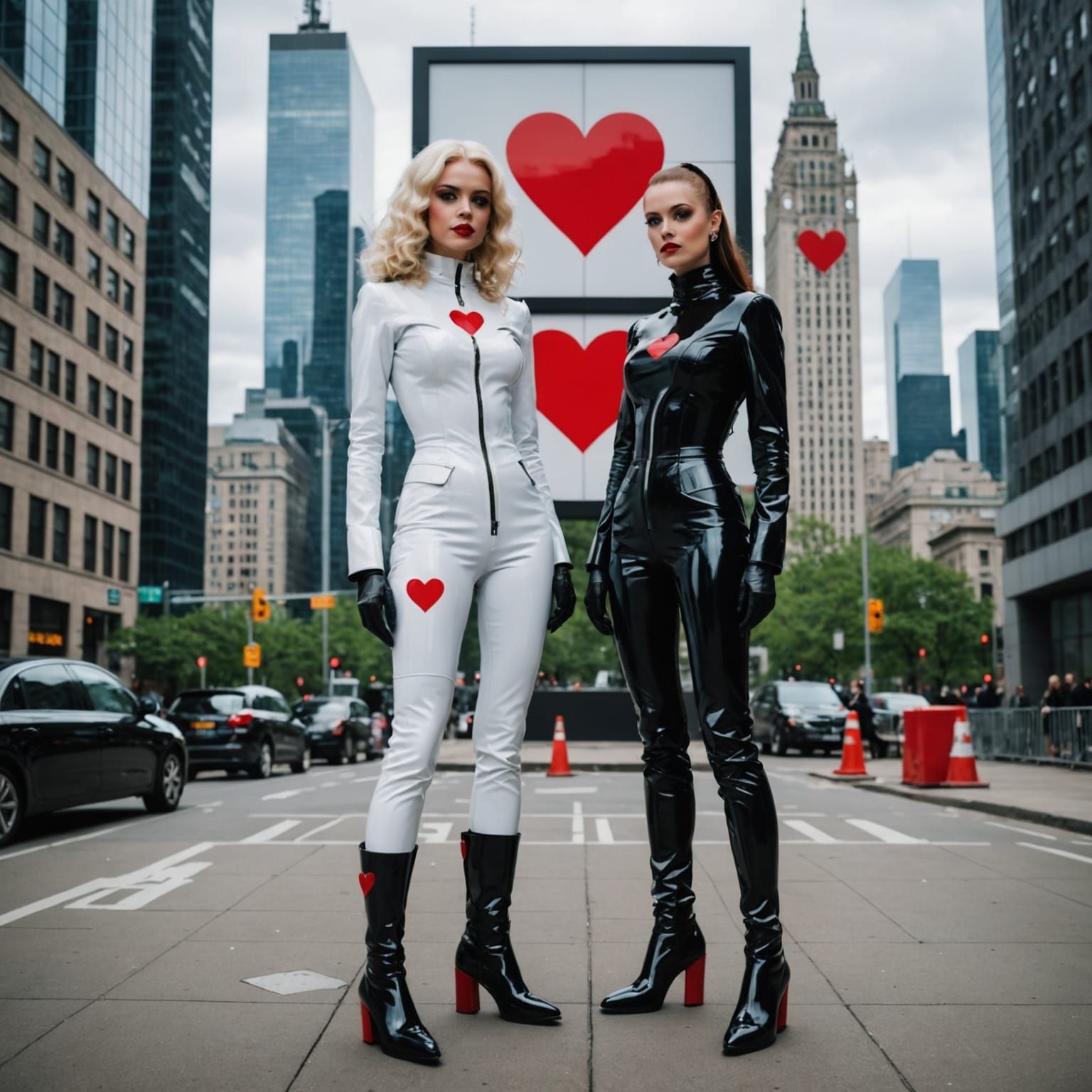 Surreal Latex Couple in Clockwork Cityscape