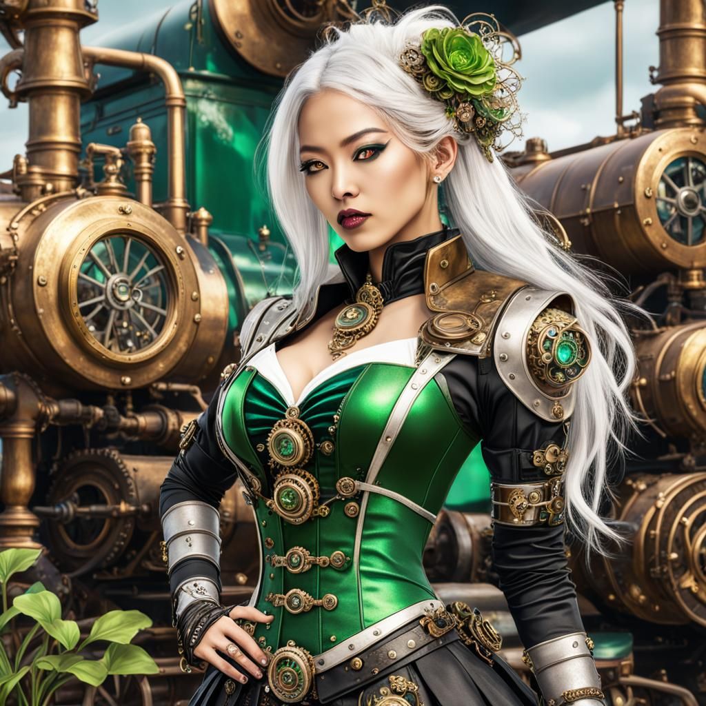 Beautiful Asian Steampunk woman dressed in an Steampunk outfit