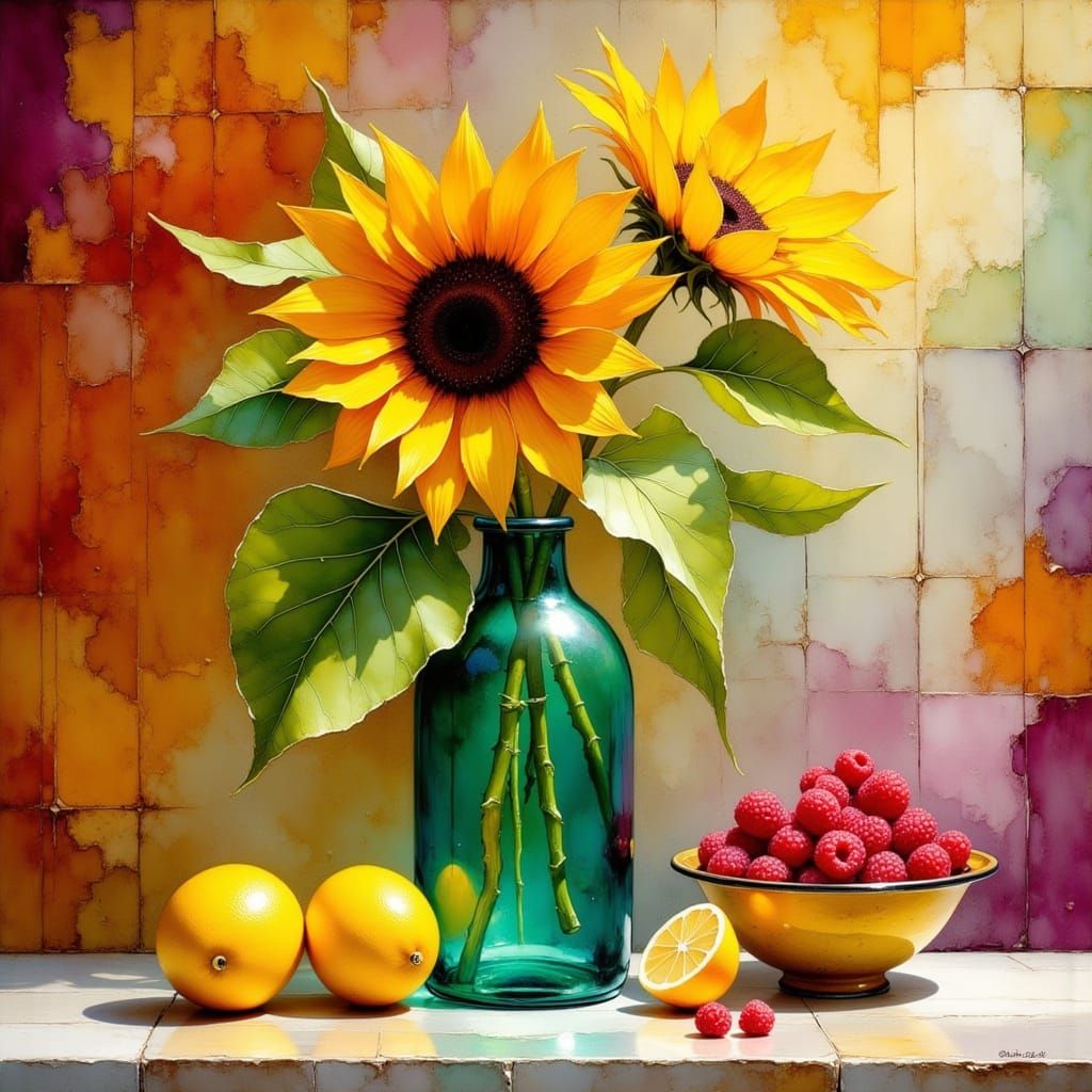 Sunflower Still Life in Carne Griffiths Style