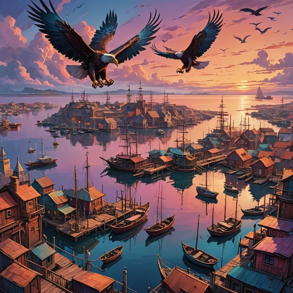 Fantasy Harbor Aerial View in Unreal Engine Style