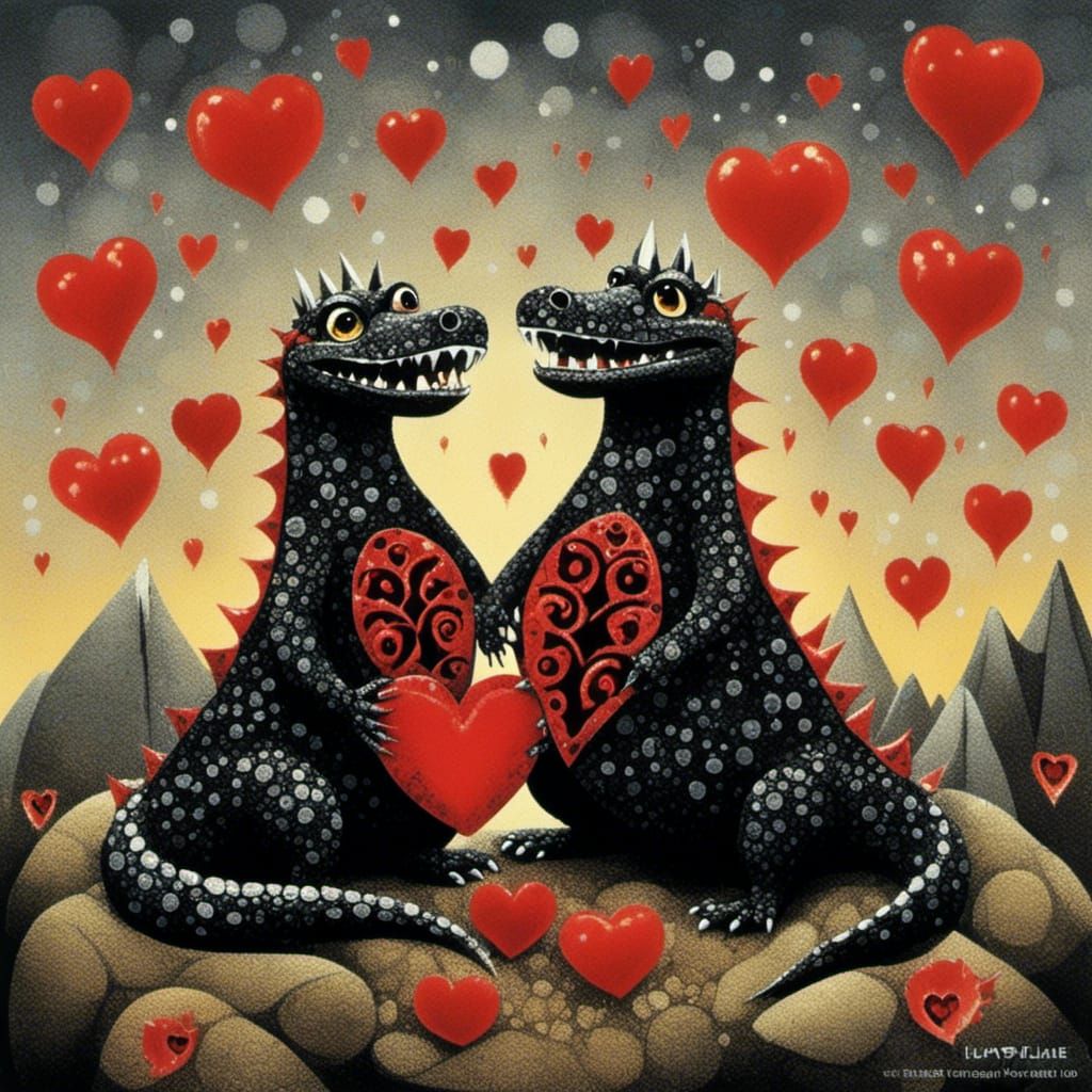 Romantic Lava Creature Couple Near Erupting Volcano