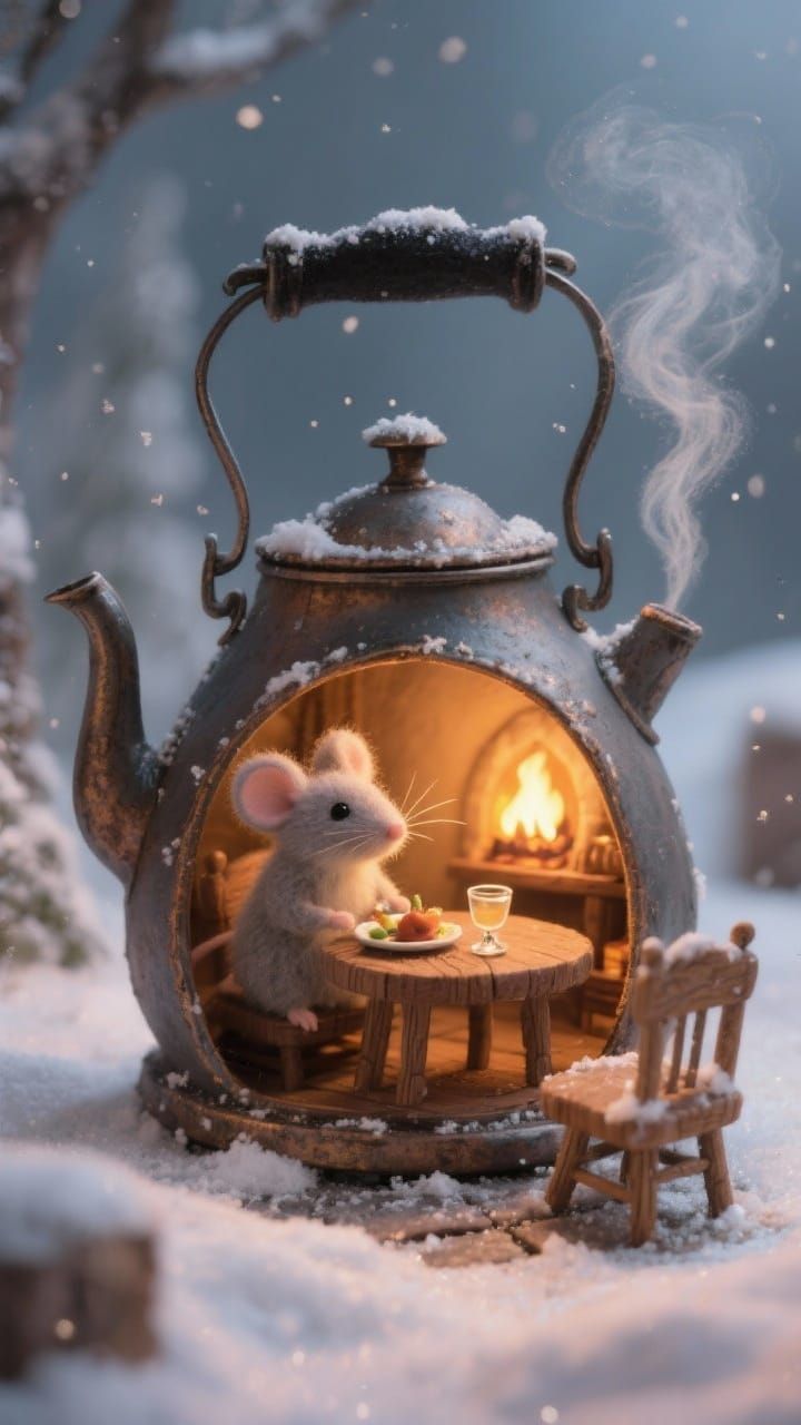 Adorable Felt Mouse Cozy Home in Antique Kettle