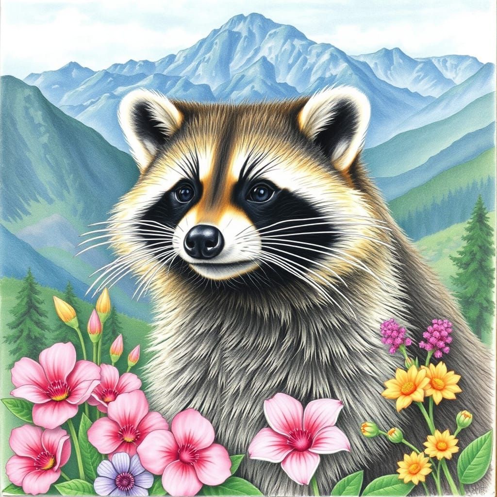 Enchanted Mountain Raccoon in Watercolor Style