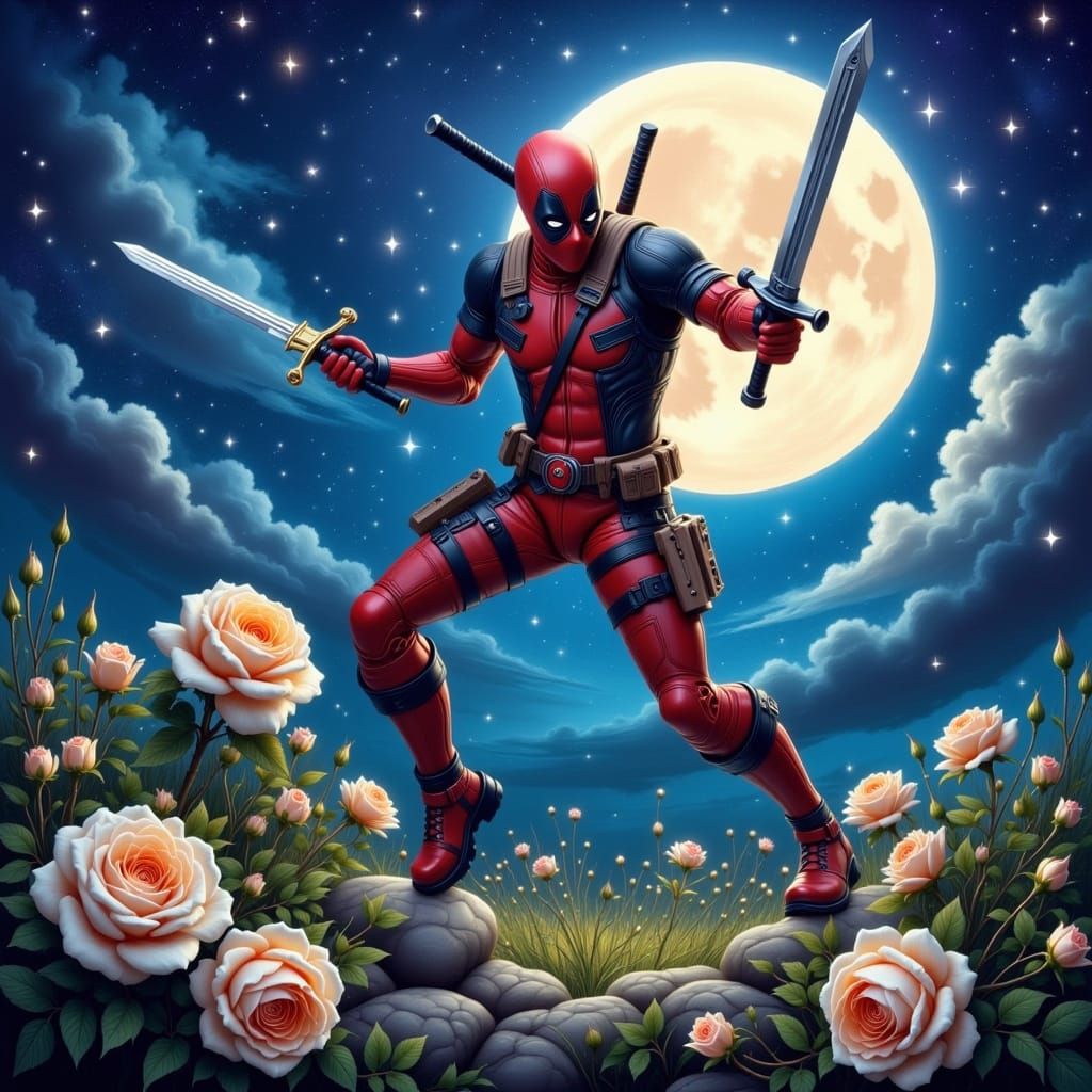 Deadpool Leaps Over Roses in Vibrant Hyperreal Style