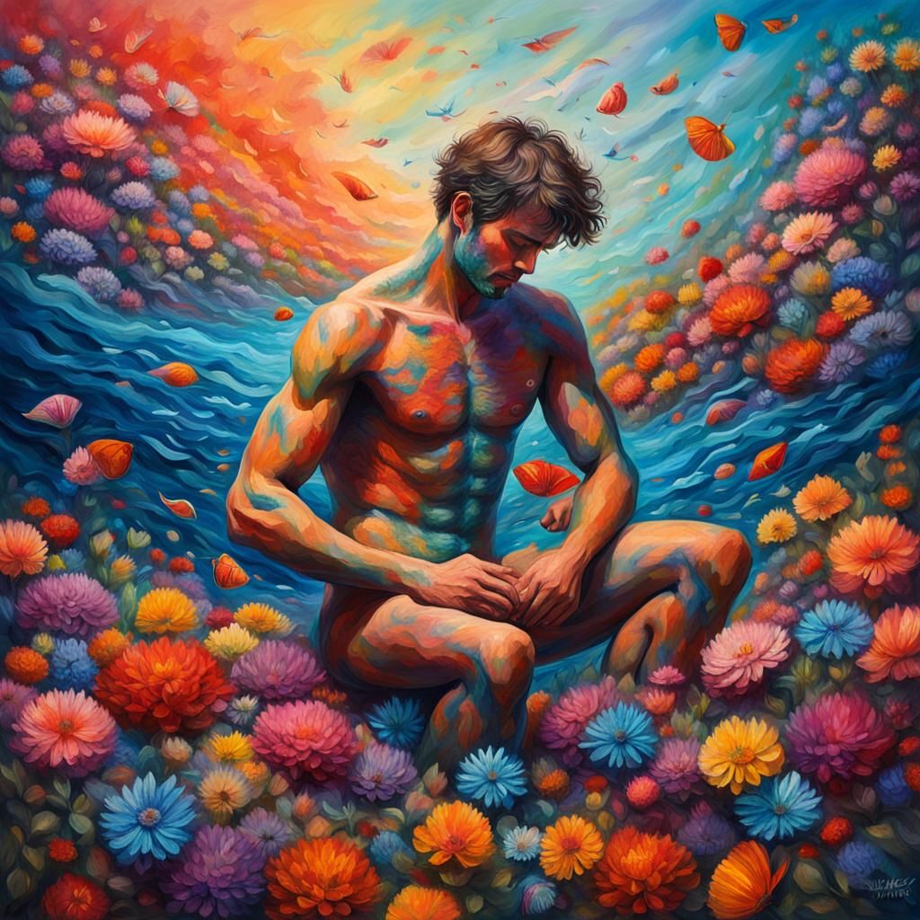 Nude Man Emerges from Wildflower Sea, Surreal Photo