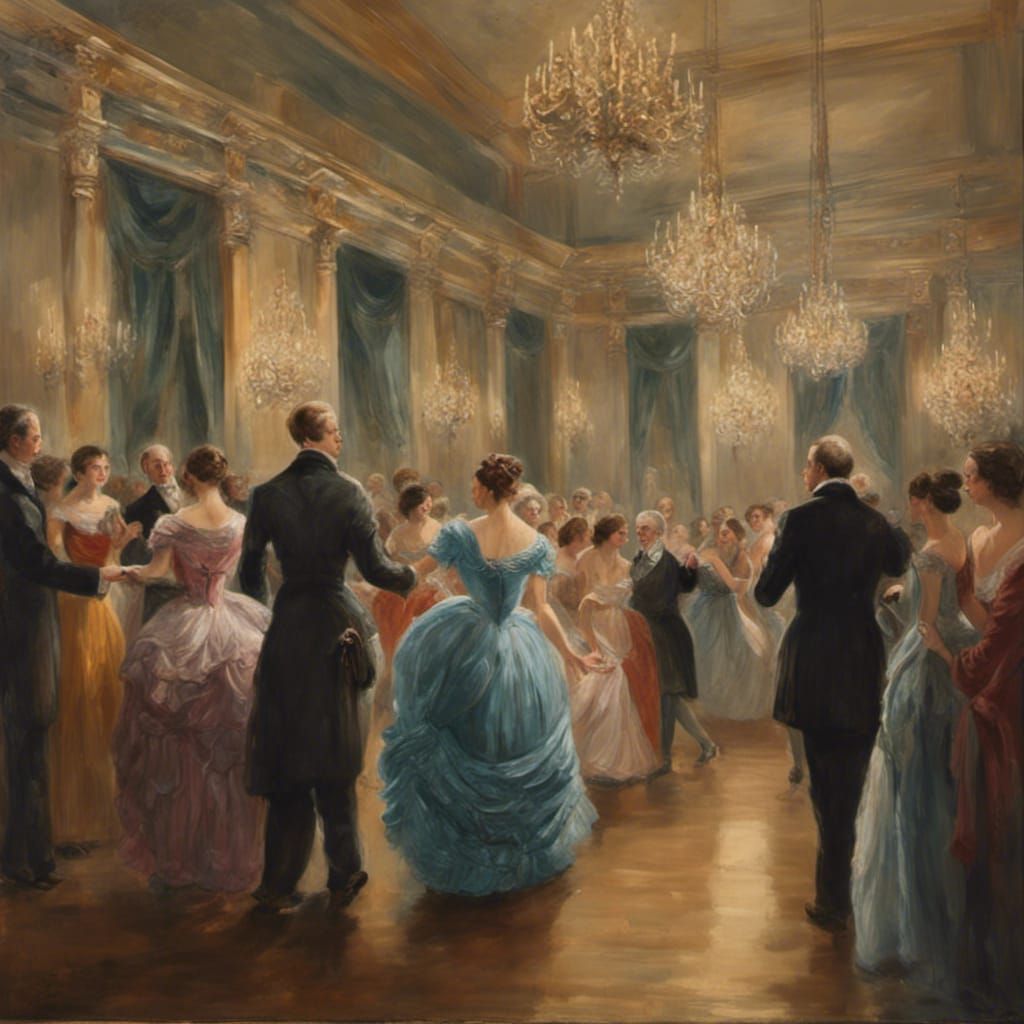 Georgian Woman Arrives at Lavish Ballroom: Oil Painting