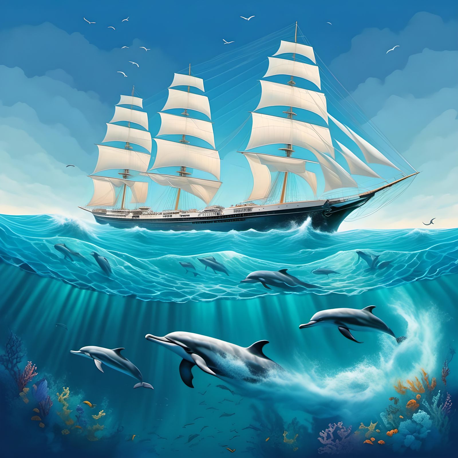 Sailship and Dolphins in the Pacific Ocean