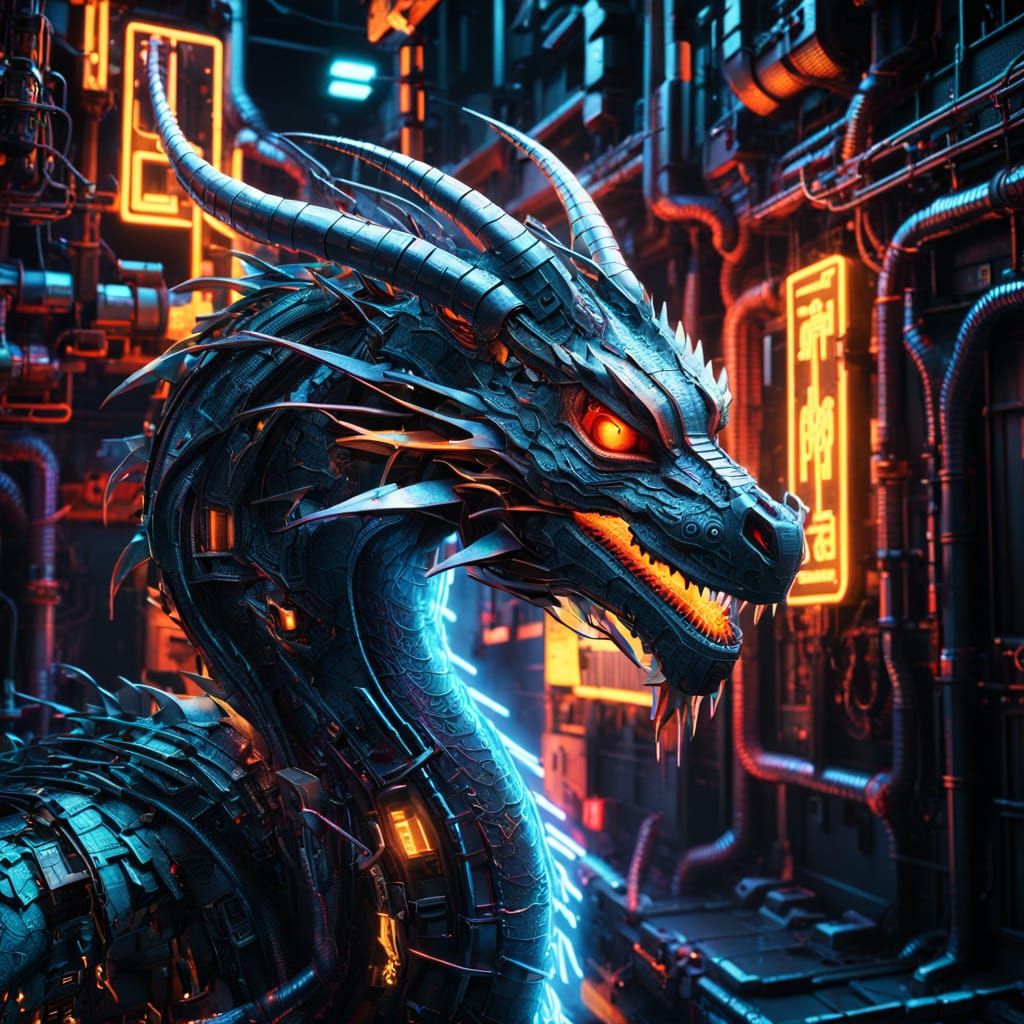 Cyberpunk Dragon Made of Wires in Neon Alley